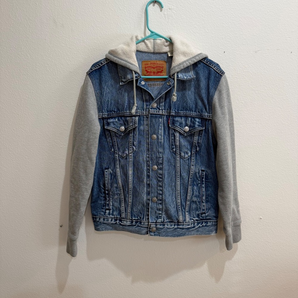 Levis Denim Trucker Jacket Gray Hooded Sweatshirt Sleeves Blue Jean Small